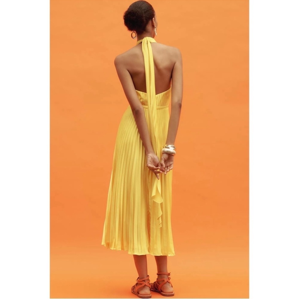 Anthropologie Mac Duggal Yellow Pleated Halter Midi Dress 12 Wedding Guest Event - Picture 8 of 10